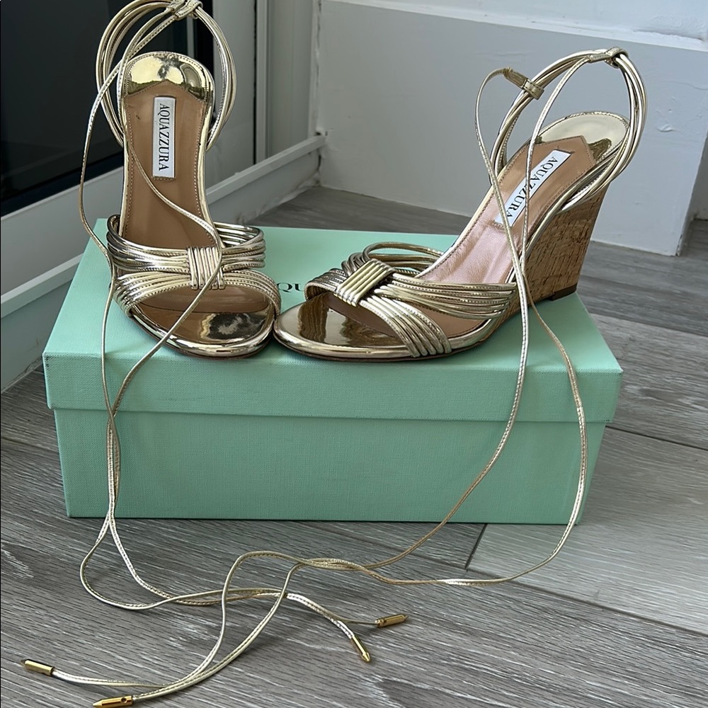 Aquazzura Gold Wedge Sandals with Strappy Design
